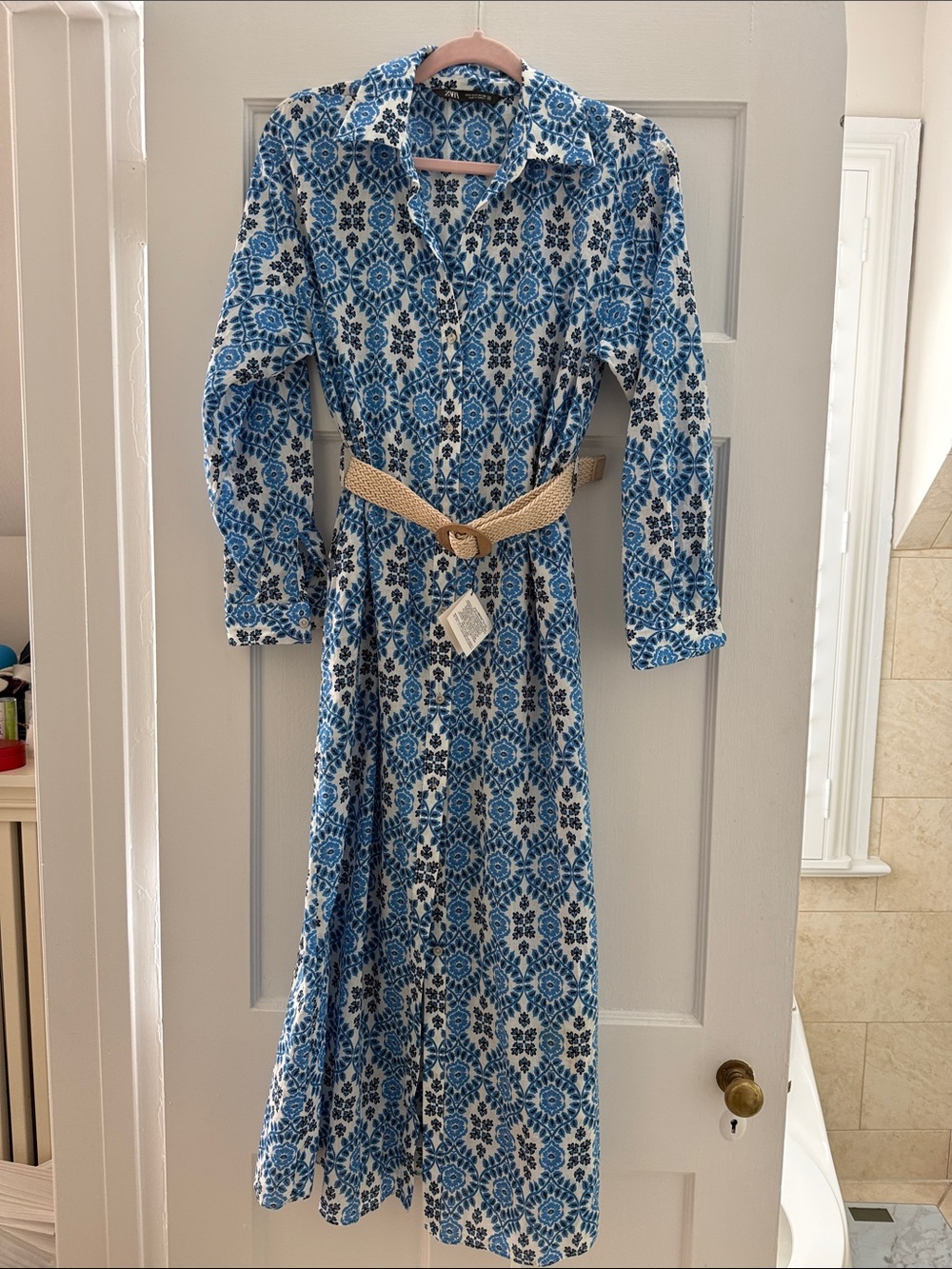 Zara Blue and White Floral Button-Front Dress